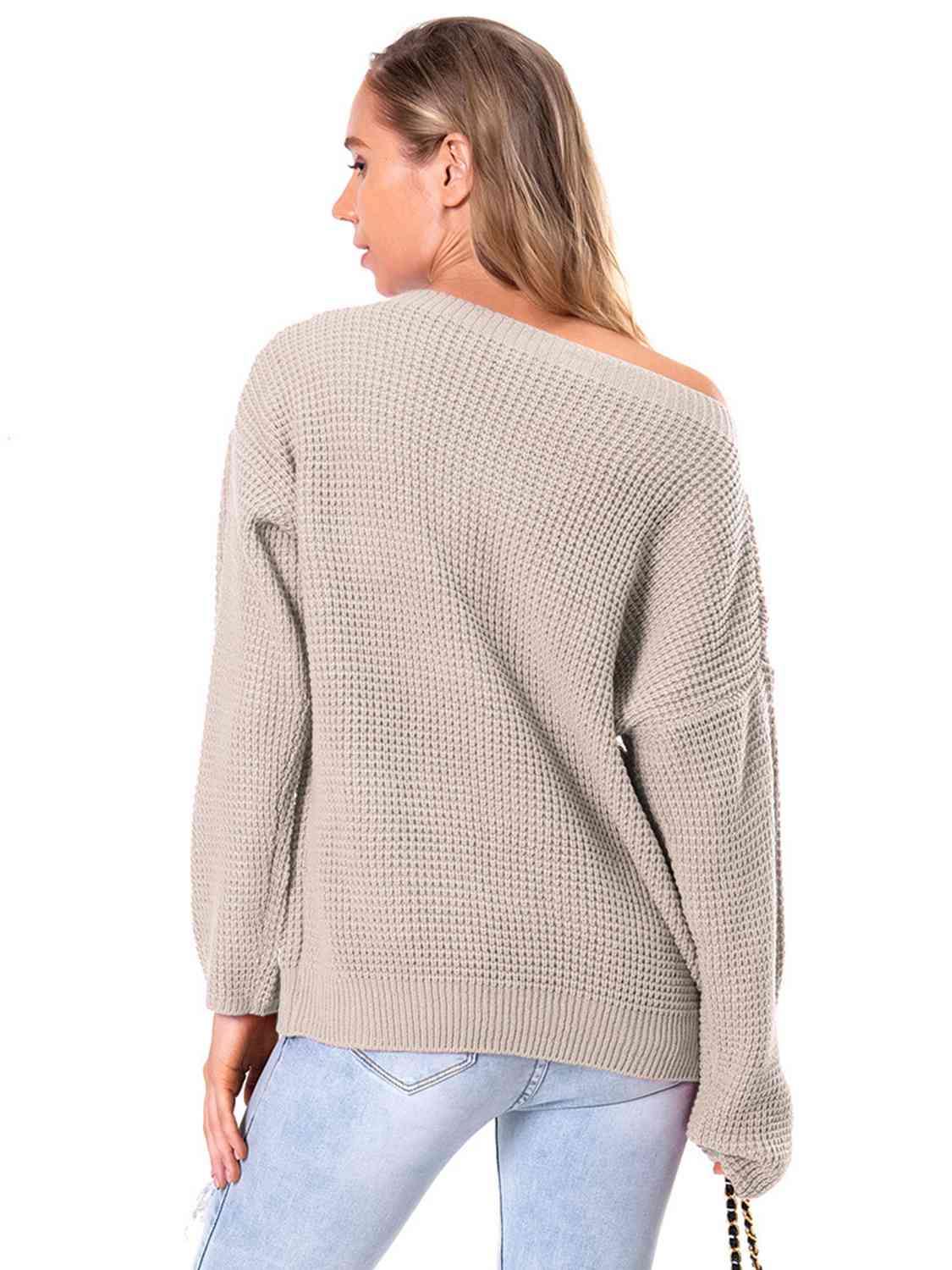 Boat Neck Drop Shoulder Long Sleeve Sweater - Trendsi