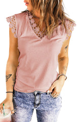 Lace Trim V-Neck Capped Sleeve Top - Flyclothing LLC