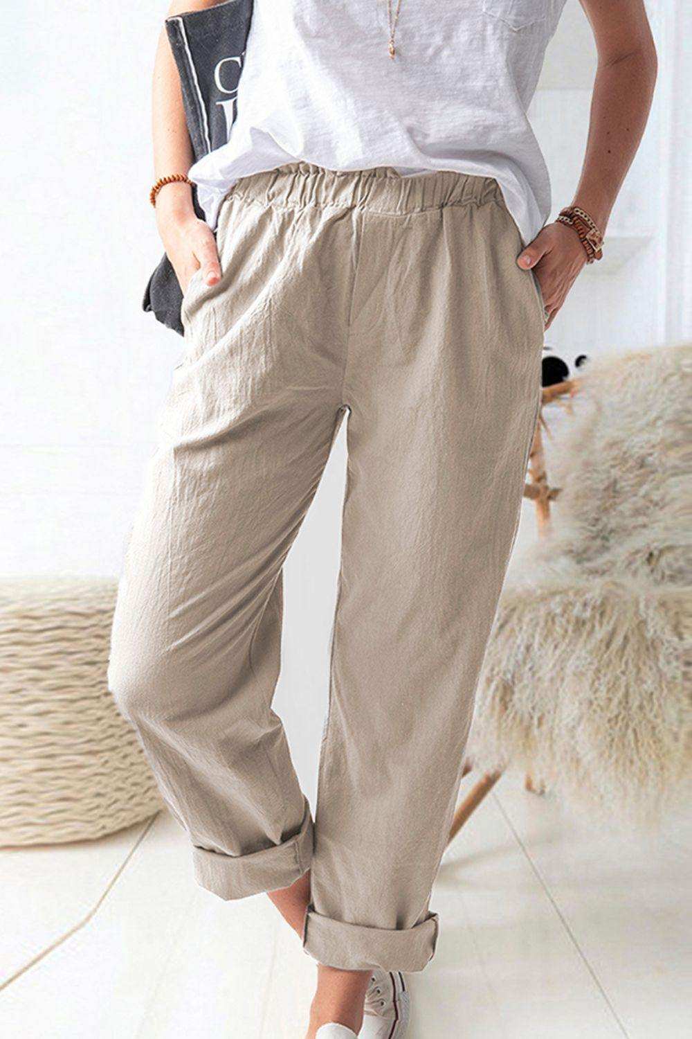 Paperbag Waist Pull-On Pants with Pockets - Trendsi - Flyclothing LLC