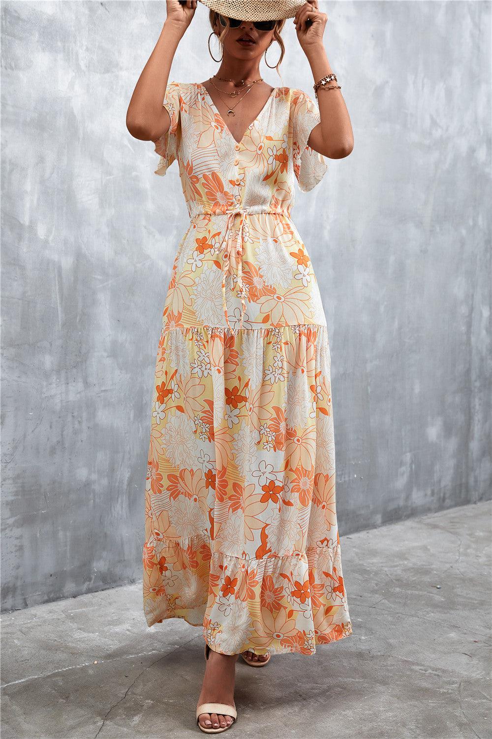 Floral Buttoned Drawstring Waist Tiered Dress - Trendsi - Flyclothing LLC