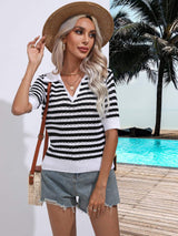 Striped Johnny Collar Half Sleeve Knit Top - Trendsi - Flyclothing LLC