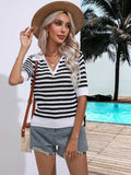 Striped Johnny Collar Half Sleeve Knit Top - Trendsi - Flyclothing LLC