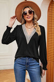 Lace Detail V-Neck Lantern Sleeve T-Shirt - Trendsi