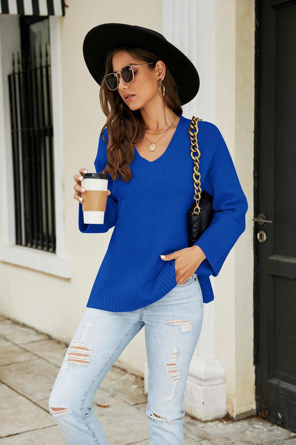 Drop Shoulder V-Neck Knit Pullover - Trendsi - Flyclothing LLC