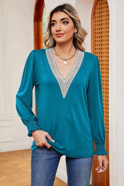 Lace Detail V-Neck Lantern Sleeve T-Shirt - Trendsi - Flyclothing LLC
