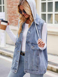 Drawstring Hooded Sleeveless Denim Jacket - Trendsi