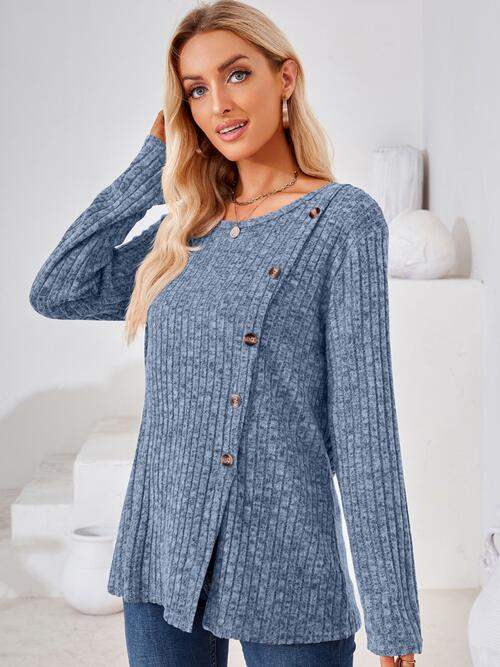 Ribbed Buttoned Round Neck Slit T-Shirt - Trendsi - Flyclothing LLC