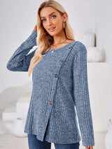 Ribbed Buttoned Round Neck Slit T-Shirt - Trendsi - Flyclothing LLC