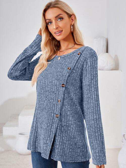 Ribbed Buttoned Round Neck Slit T-Shirt - Trendsi - Flyclothing LLC