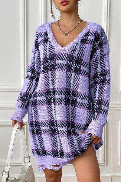 Plaid V-Neck Long Sleeve Sweater Dress - Trendsi - Flyclothing LLC