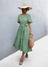 Printed V-Neck Flutter Sleeve Belted Dress - Trendsi - Flyclothing LLC