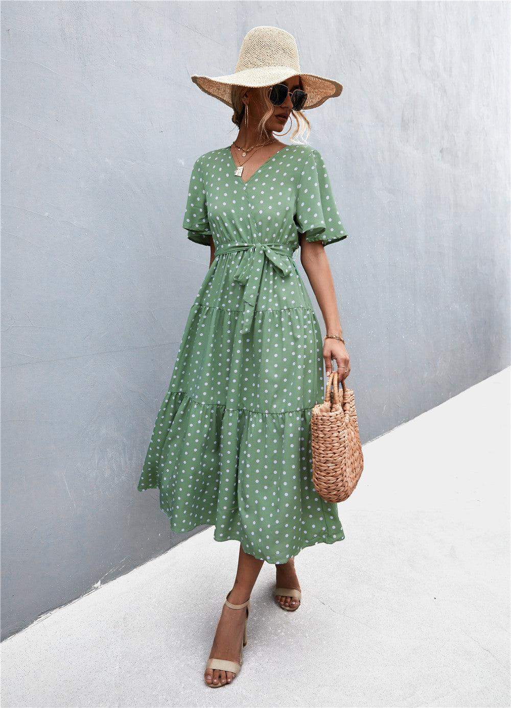 Printed V-Neck Flutter Sleeve Belted Dress - Trendsi - Flyclothing LLC