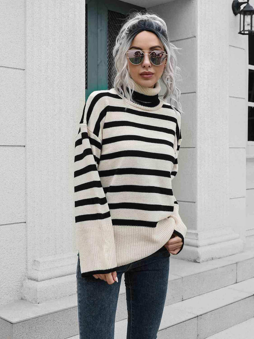 Striped Slit Turtleneck Drop Shoulder Sweater - Trendsi - Flyclothing LLC