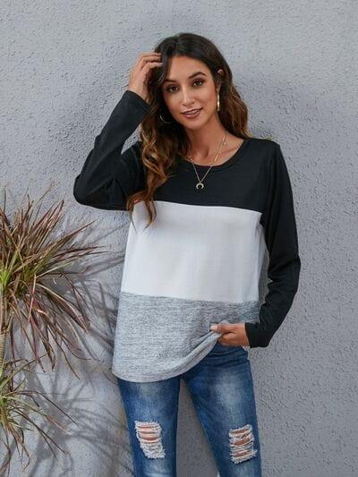 Color Block Round Neck Long Sleeve T-Shirt - Trendsi