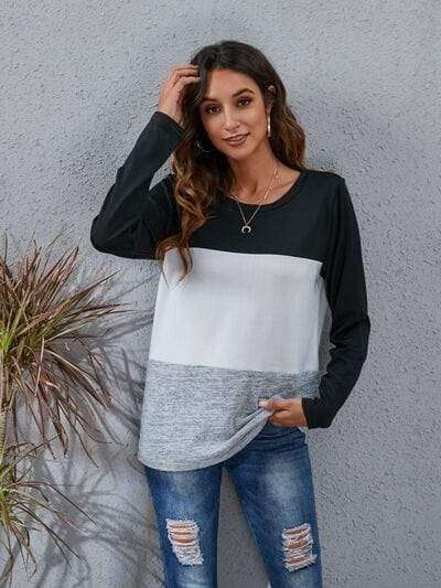 Color Block Round Neck Long Sleeve T-Shirt - Trendsi - Flyclothing LLC