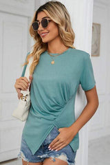 Ruched Round Neck Short Sleeve T-Shirt - Trendsi - Flyclothing LLC
