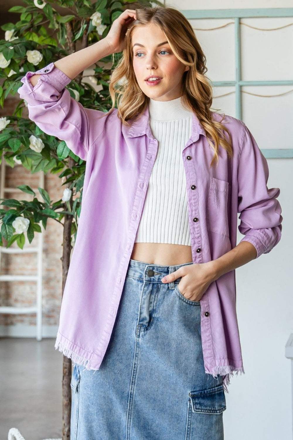 Veveret Raw Hem Button Up Long Sleeve Shirt - Trendsi - Flyclothing LLC