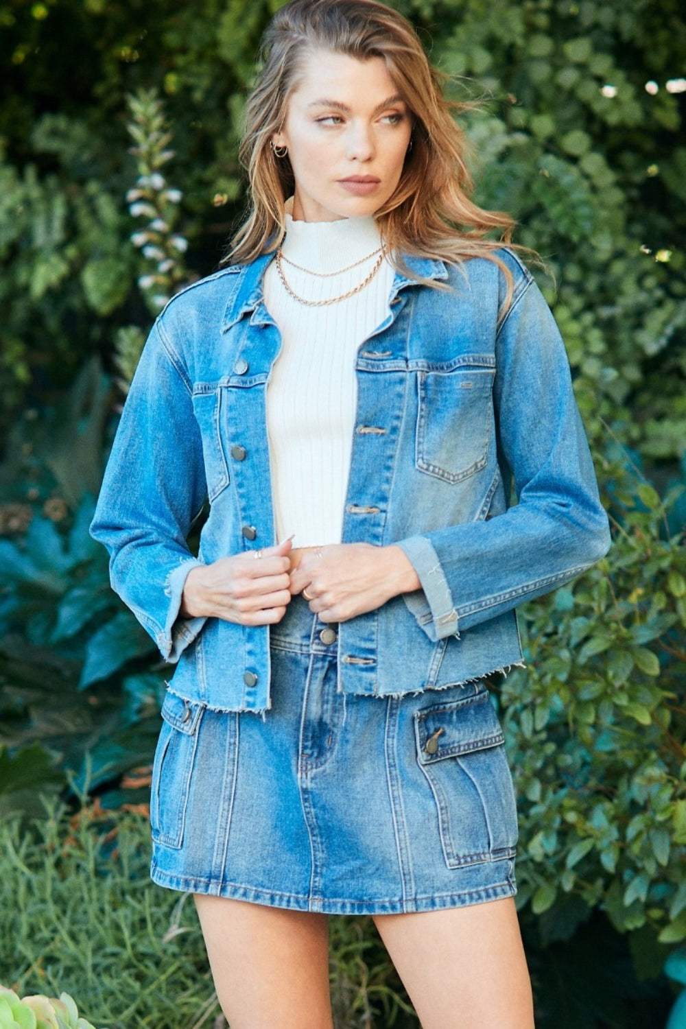 Veveret Button Up Raw Hem Denim Jacket - Trendsi - Flyclothing LLC
