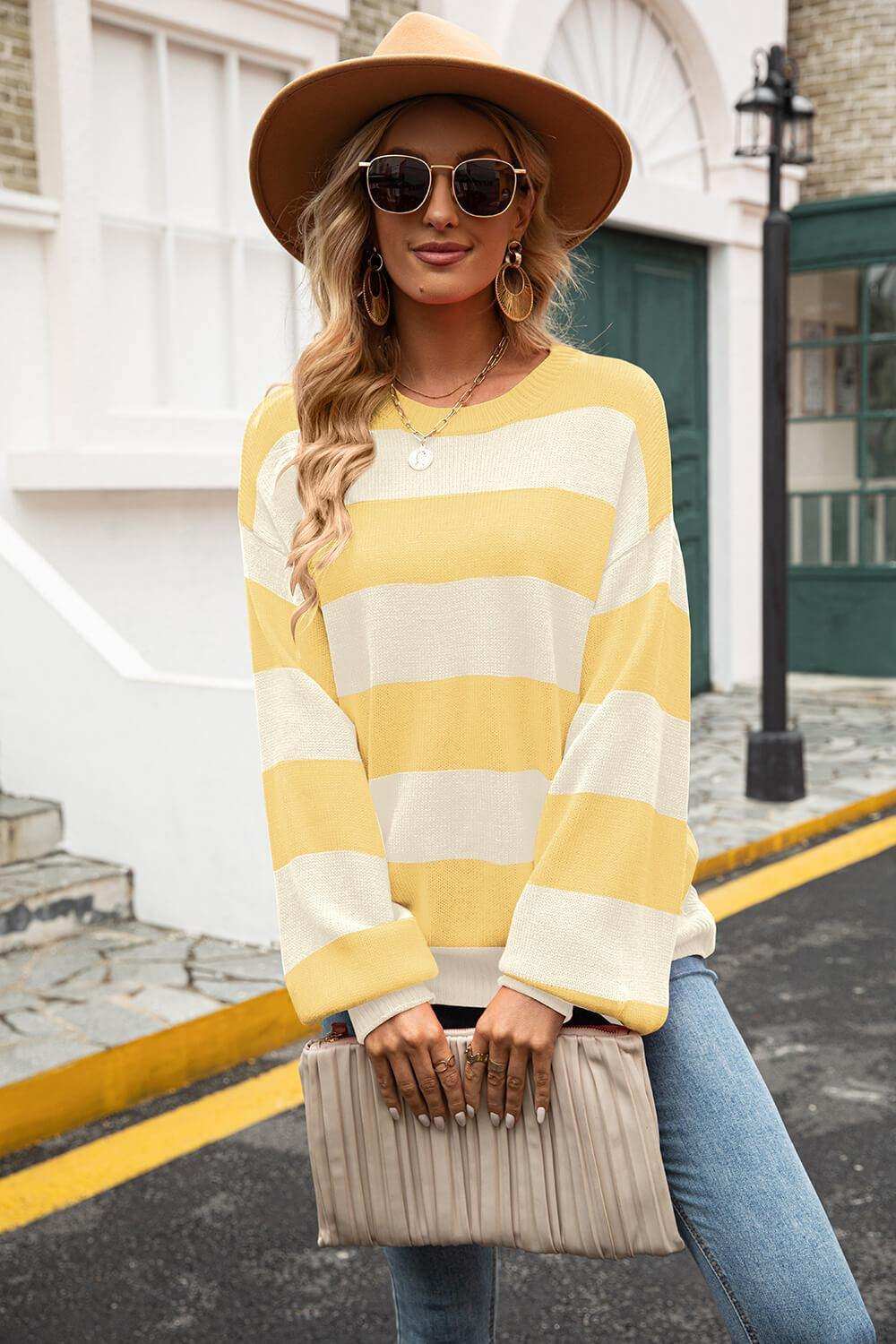 Striped Balloon Sleeve Knit Pullover - Trendsi - Flyclothing LLC