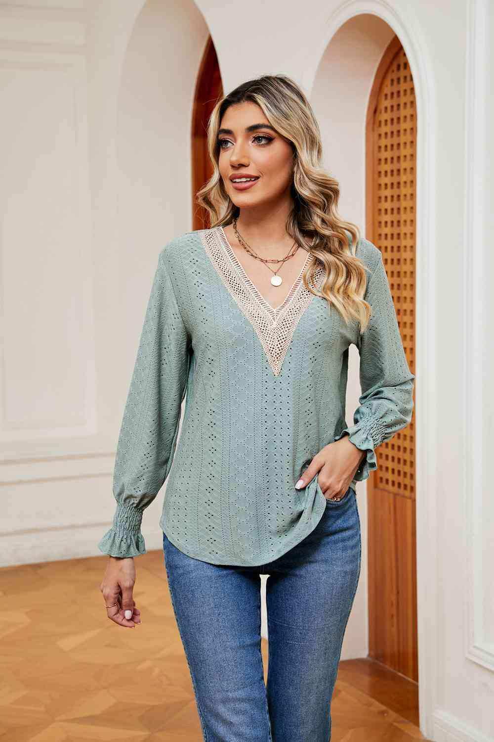 Contrast Flounce Sleeve Blouse - Trendsi - Flyclothing LLC
