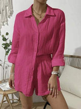 Dropped Shoulder Button Up Top and Elastic Waist Shorts Set - Trendsi - Flyclothing LLC