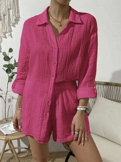 Dropped Shoulder Button Up Top and Elastic Waist Shorts Set - Trendsi - Flyclothing LLC