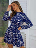 Printed Frill Neck Long Sleeve Dress - Trendsi - Flyclothing LLC