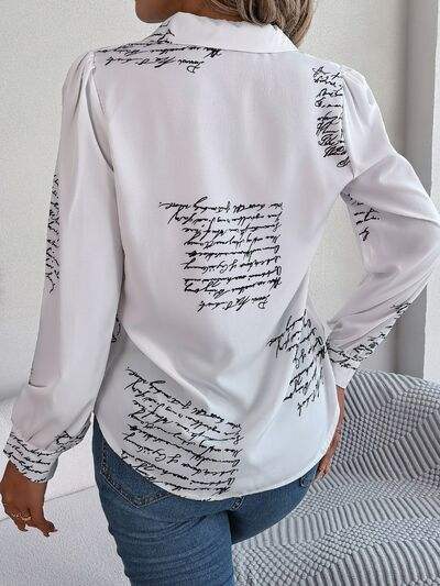 Letter Printed Button Up Long Sleeve Blouse - Trendsi - Flyclothing LLC