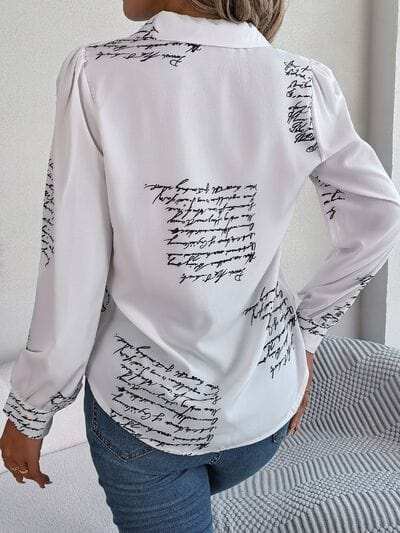 Letter Printed Button Up Long Sleeve Blouse - Trendsi - Flyclothing LLC
