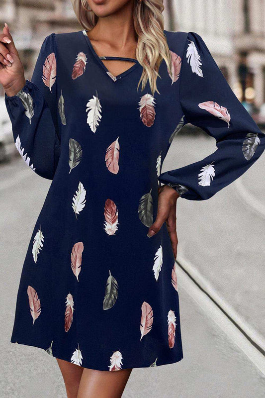 Feather Print V-Neck Dress - Trendsi - Flyclothing LLC