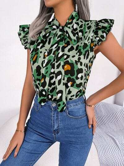 Leopard Tie Neck Cap Sleeve Blouse - Trendsi - Flyclothing LLC