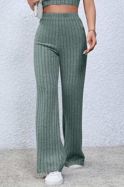 Basic Bae Full Size Ribbed High Waist Flare Pants - Trendsi - Flyclothing LLC