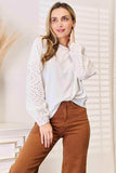 Double Take Eyelet Dropped Shoulder Round Neck Blouse - Trendsi - Flyclothing LLC