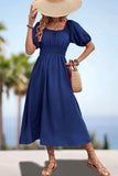 Square Neck Smocked Waist Puff Sleeve Midi Dress - Trendsi - Flyclothing LLC