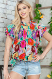 Multicolored Flutter Sleeve Mock Neck Blouse - Trendsi