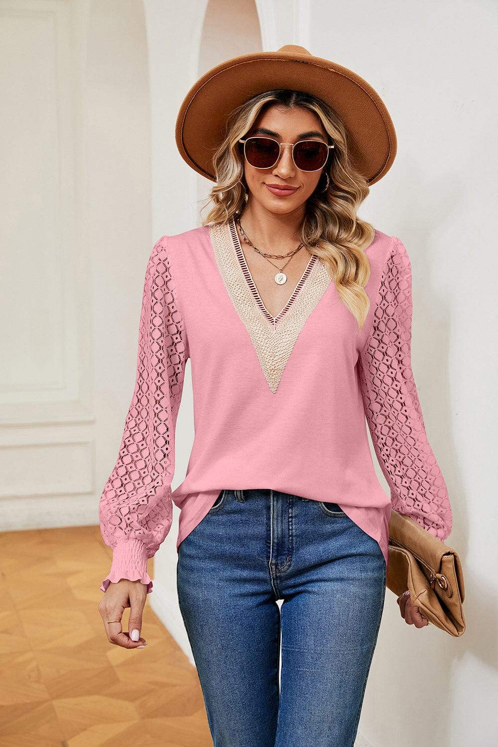 Contrast V-Neck Long Sleeve Blouse - Trendsi - Flyclothing LLC