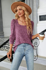 Ribbed Square Neck Long Sleeve T-Shirt - Trendsi - Flyclothing LLC