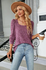 Ribbed Square Neck Long Sleeve T-Shirt - Trendsi