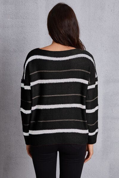 Striped Round Neck Dropped Shoulder Sweater - Flyclothing LLC