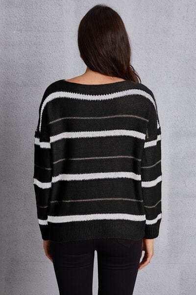 Striped Round Neck Dropped Shoulder Sweater - Trendsi - Flyclothing LLC