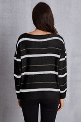 Striped Round Neck Dropped Shoulder Sweater - Flyclothing LLC