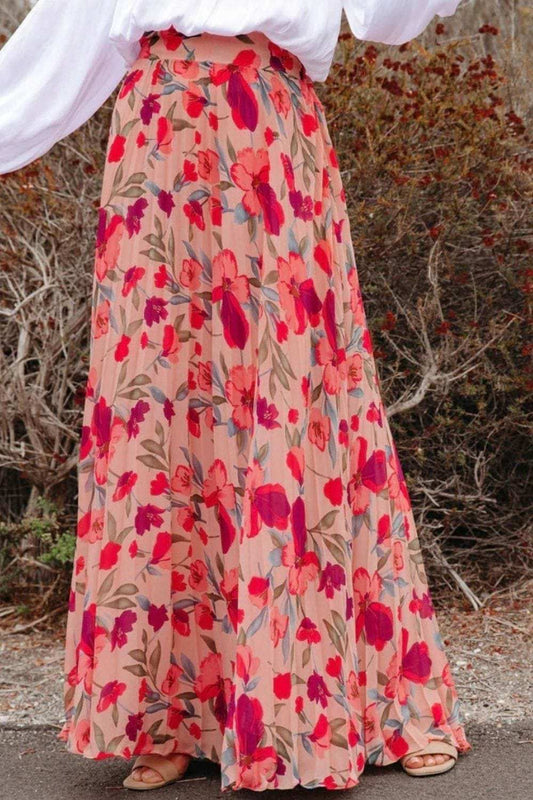 Printed Elastic Waist Pleated Maxi Skirt - Trendsi - Flyclothing LLC