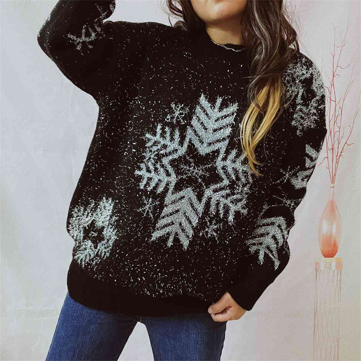 Snowflake Pattern Long Sleeve Sweater - Trendsi - Flyclothing LLC