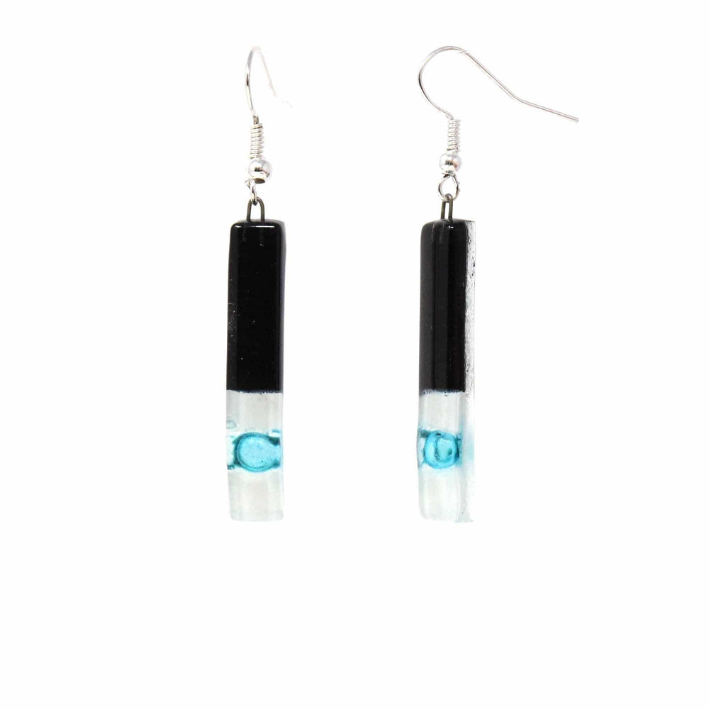 Long Rectangle Glass Dangle Earrings, Black Tie - Tili Glass - Calypso Glass