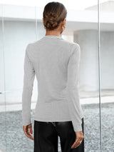 Striped Buttoned V-Neck Long Sleeve Top - Trendsi - Flyclothing LLC