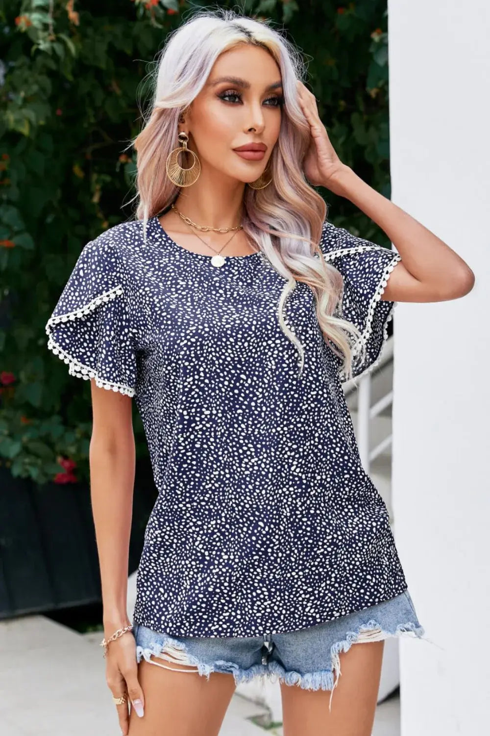 Printed Pom Pom Detail Petal Sleeve Blouse - Trendsi - Flyclothing LLC