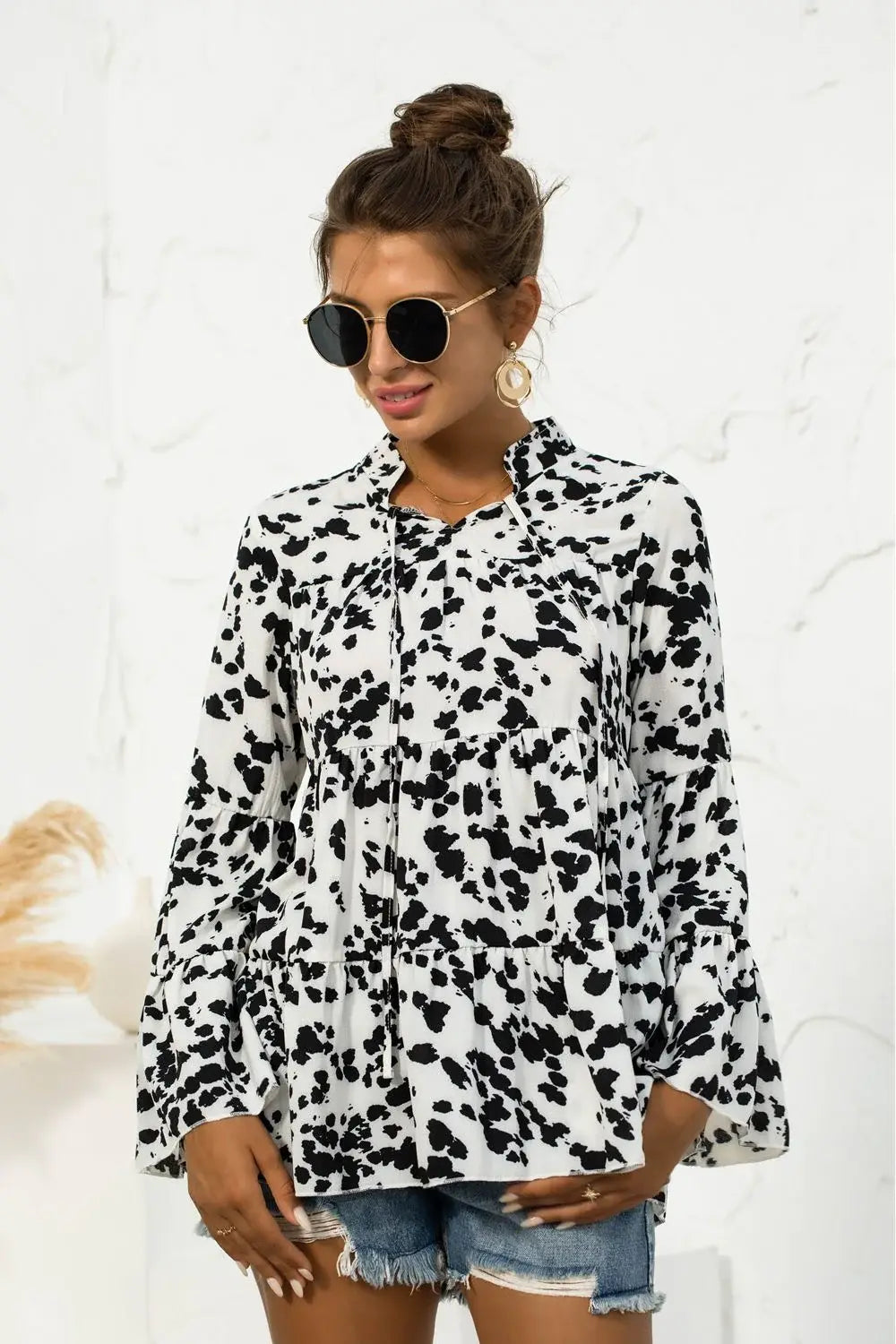 Printed Flare Sleeve Tie Neck Ruffle Trim Blouse - Trendsi - Flyclothing LLC