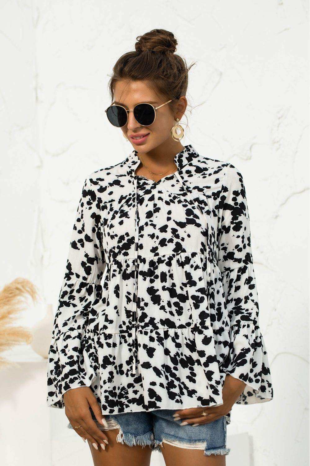 Printed Flare Sleeve Tie Neck Ruffle Trim Blouse - Trendsi - Flyclothing LLC