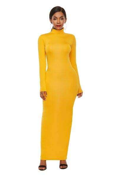 Mock Neck Long Sleeve Maxi Slim Dress - Trendsi - Flyclothing LLC