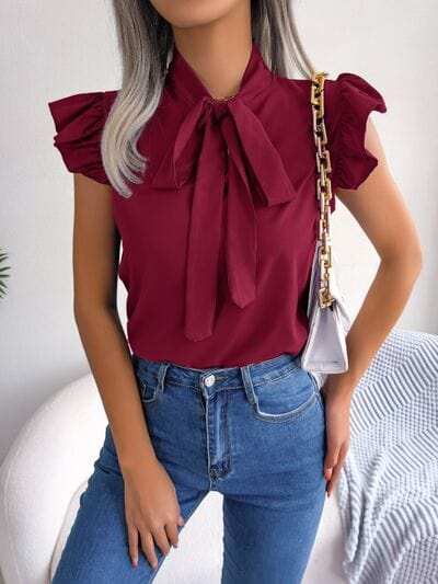 Tie Neck Cap Sleeve Blouse - Trendsi - Flyclothing LLC